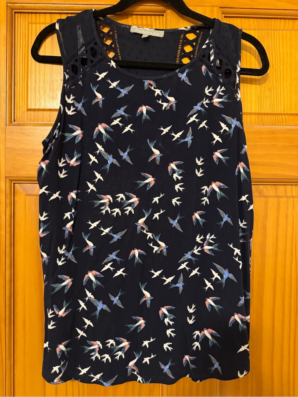 Daniel Rainn Navy Sleeveless Bird-Print Tank with Cutout Detail